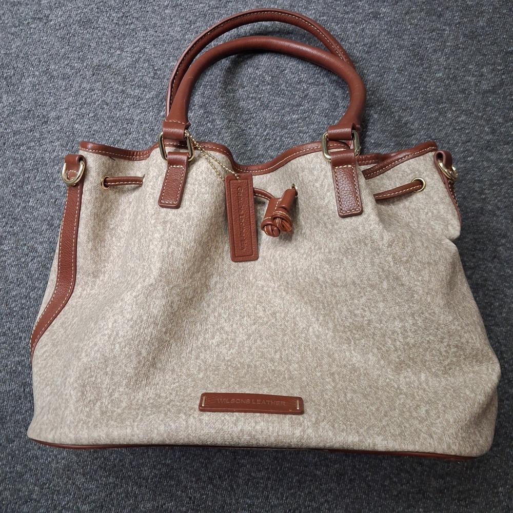 Wilsons Leather Beige Canvas Brown Trim Bucket Bag Tote Crossbody Handbag Preppy